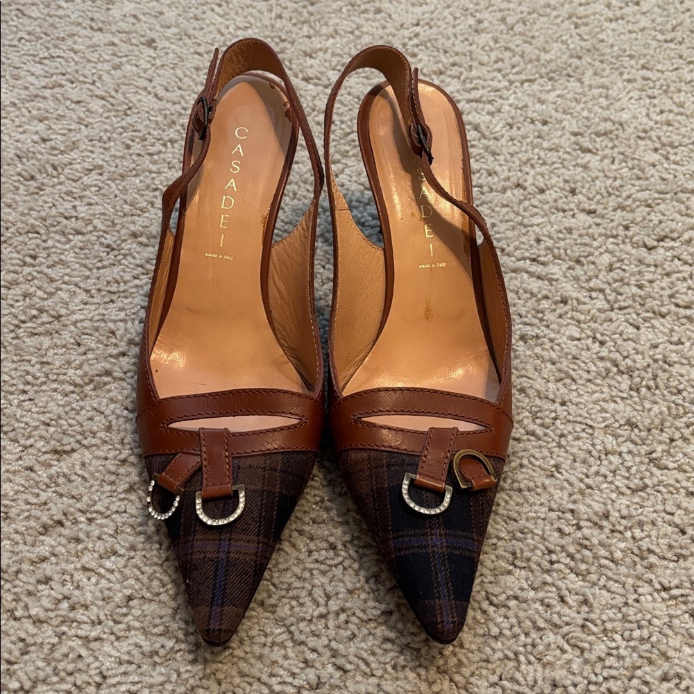 Casadei Brown and Black Plaid, Pointed Toe, Slingback Kitten Heels - Picture 2 of 4